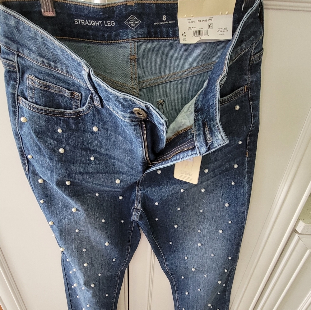 Women's Straight Leg Blue Jeans with Pearl Accents